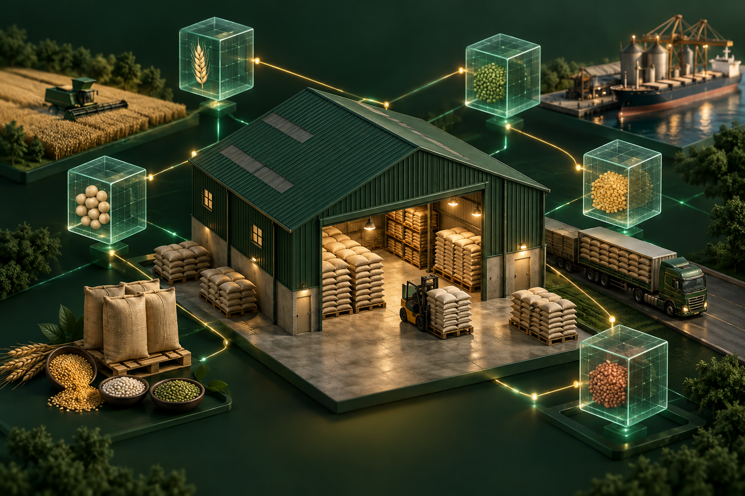 Concept illustration of stored grain inventory connected to a digital ledger