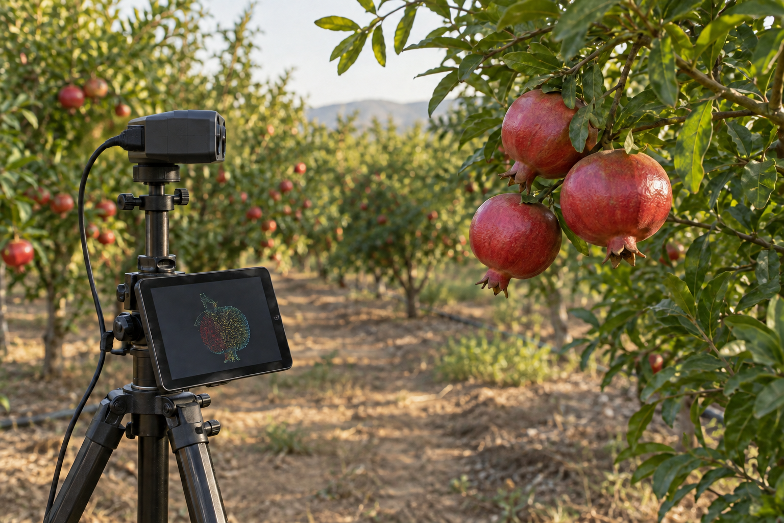 AI-generated concept of a stereo depth-camera rig beside pomegranates in an orchard for fruit-size estimation