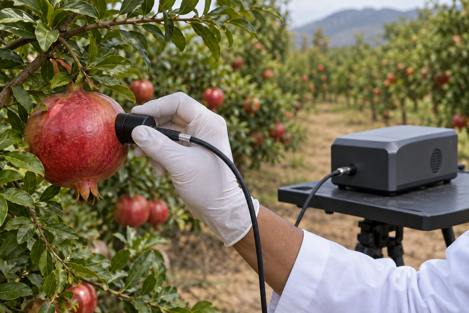 AI-generated concept of an optical spectrometer probe assessing a pomegranate on the tree